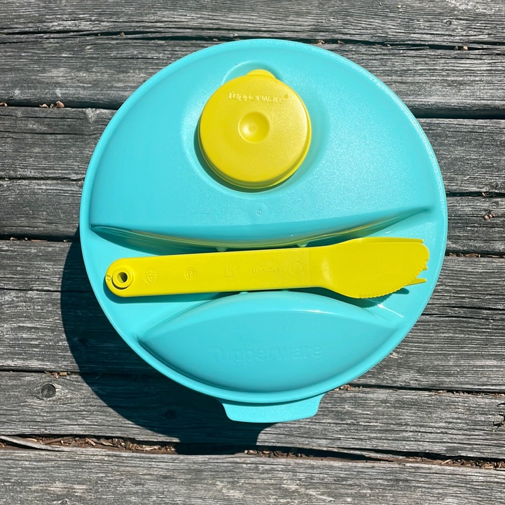 Tupperware meal prep container with mini container, knife and fork